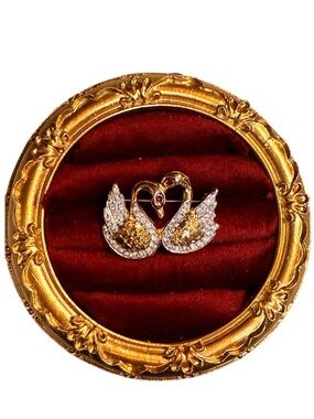 Vintage Puccini Gold Crystal Swan Pair Brooch